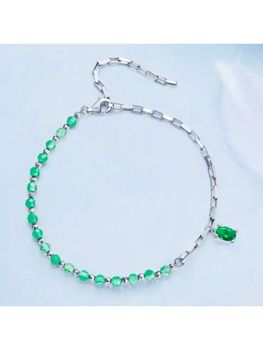 New Gem Charm Bracelet S925 Sterling Silver Green Crystal Beads Boxy Chain